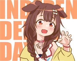  1girl :d animal_ears blush bone_hair_ornament braid brown_hair cartoon_bone choker claw_pose commentary dog_ears dress english_commentary english_text fang hair_ornament hair_over_shoulder hand_up highres hololive inugami_korone inugami_korone_(1st_costume) jacket looking_at_viewer low_twintails off_shoulder open_clothes open_jacket red_choker red_eyes simple_background sleeveless sleeveless_dress smile solo text_background twin_braids twintails upper_body virtual_youtuber vividnatadecoco white_background white_dress yellow_jacket 