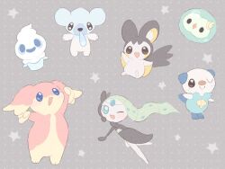  appyon_(archangel_ayp) aqua_eyes audino black_eyes blue_eyes blush cubchoo emolga full_body green_hair grey_background meloetta meloetta_(aria) one_eye_closed open_mouth oshawott pokemon pokemon_(creature) pokemon_focus smile snot solosis standing star_(symbol) vanillite 