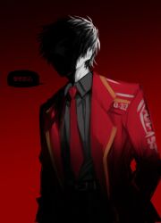  1boy black_hair black_shirt coat collared_shirt dante_(limbus_company) face_in_shadow faceless highres korean_text limbus_company necktie open_clothes open_coat project_moon real_pepper131 red_coat red_necktie shirt short_hair solo translation_request upper_body 