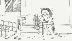  1girl barefoot biting_own_lip black_hair bolt_(hardware) camisole commentary computer computer_tower crying engine greyscale hair_ornament hairclip hammer highres horideiyasumi medium_hair monochrome nail_(hardware) nut_(hardware) original saw saw_cleaver striped_camisole tape tears time_machine wagon wooden_box wrench 