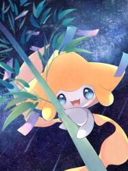  appyon_(archangel_ayp) bamboo blue_eyes commentary_request highres jirachi no_humans open_mouth outdoors pokemon pokemon_(creature) pokemon_focus smile solo tag 