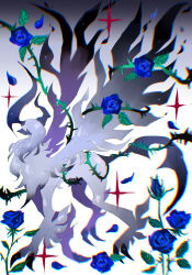  absol animal_focus asymmetrical_horns aura blue_flower blue_rose chromatic_aberration claws flower gradient_background grin highres horns mariin_(mrn_8_8) mega_absol mega_evolution mega_pokemon no_humans one_eye_covered pokemon pokemon_(creature) profile rose sharp_tail simple_background smile solo thorns white_background white_fur white_hair white_wings wings 