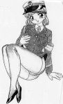  bottomless breast_grab cap gloves monochrome necktie panties pantyhose police_uniform policewoman shoes short_hair sitting smile tagme thigh-highs type51 