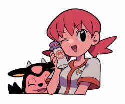  1girl black_eyes bottle breasts closed_eyes cow holding holding_bottle horns long_hair looking_at_viewer milk milk_bottle moomoo_milk one_eye_closed open_mouth pink_hair pokemon pokemon_(creature) pokemon_gsc shirt short_sleeves simple_background smile twintails tyako_089 upper_body water_bottle white_background white_shirt whitney_(pokemon) 