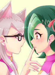  2girls blush brown_eyes cat_ears cat_girl cathy_(yu-gi-oh!) cattrapshipping_(yu-gi-oh!) finger_to_mouth green_eyes green_hair grey_hair looking_at_each_other mizuki_kotori_(yu-gi-oh!) simple_background uniform yu-gi-oh!_zexal yuri らいね 