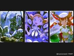  2girls :d bag bianca_(pokemon_heroes) black_socks blue_dress blue_eyes brown_eyes brown_hair canal closed_mouth clouds collared_shirt commentary dress eyelashes hat holding_strap latias mayotsunamayo mewtwo molly_hale multiple_girls open_mouth pokemon pokemon:_the_first_movie_-_mewtwo_strikes_back pokemon_(anime) pokemon_(classic_anime) pokemon_3:_the_movie_-_spell_of_the_unown:_entei pokemon_heroes:_latios_&amp;_latias shirt short_sleeves sketchbook skirt sky smile socks standing twitter_username unown watermark wet white_hat white_skirt window 