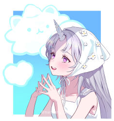  1girl artist_name ayatsuno_yuni bandana border clouds collarbone commentary_request cropped_torso fingernails gradient_background grey_hair hands_up highres korean_commentary light_blush long_hair meoreng_illust nail_polish open_mouth own_hands_together purple_nails shirt sleeveless sleeveless_shirt smile solo steepled_fingers stellive unicorn_horn violet_eyes virtual_youtuber watermark white_bandana white_border white_shirt 