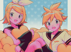  1boy 1girl :d bare_shoulders black_sailor_collar black_sleeve_cuffs black_sleeves black_socks blonde_hair blue_background blue_eyes blush bow brother_and_sister chromatic_aberration detached_sleeves double-parted_bangs feet_out_of_frame film_grain flipped_hair gradient_background hair_between_eyes hair_bow hair_ornament headphones headset heart heart-shaped_pillow heart_background highres holding holding_pillow hugging_object kagamine_len kagamine_rin kneehighs knees_up long_sleeves looking_at_viewer menma_(enaic31) necktie open_mouth outside_border pillarboxed pillow retro_artstyle sailor_collar shirt short_hair short_sleeves siblings signature sitting sleeveless sleeveless_shirt smile socks sweatdrop swept_bangs tongue twins upper_body vocaloid white_background white_bow white_shirt yellow_necktie yellow_trim 