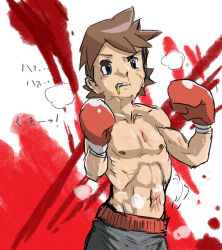  1boy abs bleeding blood blood_on_arm blood_on_chest blood_on_clothes blood_on_face boxing boxing_gloves boxing_shorts brown_hair bruise bruised_eye cuts exhausted groin groin_tendon injury kellyn_(pokemon) motion_lines navel nipples non-web_source nosebleed p-kc pokemon pokemon_ranger:_shadows_of_almia pokemon_ranger_(series) puff_of_air scrape scratches shorts simple_background spiky_hair sweat sweatdrop toned toned_male topless_male two-tone_background vomit vomiting x_(symbol) 