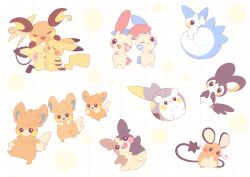  &gt;_&lt; appyon_(archangel_ayp) brown_eyes closed_mouth commentary_request crossed_arms dedenne emolga evolutionary_line full_body happy highres hug minun morpeko morpeko_(full) no_humans one_eye_closed open_mouth pachirisu pawmi pawmot pichu pikachu plusle pokemon pokemon_(creature) pokemon_focus raichu smile togedemaru 