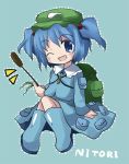  backpack bag blue_eyes blue_hair cattail hair_bobbles hair_ornament hat kawashiro_nitori key open_mouth plant short_hair sitting skirt smile solo touhou twintails wink 