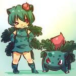  &gt;:) 1girl blush_stickers dress elbow_gloves fang flower gloves green_hair hair_flower hair_ornament hands_on_hips hitec ivysaur leaf leaves moemon personification pokemon pokemon_(creature) pokemon_(game) pokemon_rgby red_eyes smile socks 