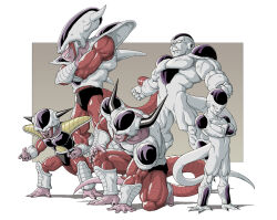  1boy alien armor armored_boots armored_gloves boots colorized commentary_request crystal dragon_ball dragon_ball_z frieza full_body gem highres horns long_head long_horns long_tail looking_to_the_side mouth_hold multiple_forms muscular muscular_male n_(n14542698) open_mouth pale_skin purple_gemstone red_eyes saiyan_armor simple_background smile smirk standing tail tall_male teeth teeth_hold three_fingers veins 