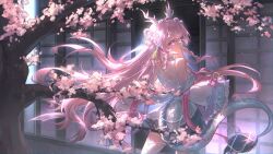  1girl bare_shoulders cherry_blossoms cherry_hair_ornament detached_sleeves dragon_girl dragon_horns dragon_tail dress eastern_dragon_horns eastern_dragon_tail floating_hair flower-shaped_pupils food-themed_hair_ornament from_behind fur-tipped_tail hair_ornament highres horns indie_virtual_youtuber long_hair parted_lips pink_eyes pink_hair scales shouji sliding_doors solo symbol-shaped_pupils tail tree very_long_hair virtual_youtuber white_scales white_sleeves yamiiko 