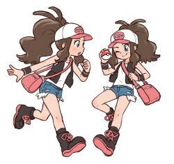  1girl bag baseball_cap beachepisode black_boots black_socks boots chibi closed_mouth collarbone denim denim_shorts handbag hat highres hilda_(pokemon) holding holding_poke_ball one_eye_closed open_mouth poke_ball pokemon pokemon_bw ponytail shirt short_shorts shorts simple_background socks solo white_background white_hat white_shirt 