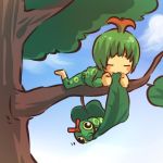  =_= ahoge barefoot biting blush blush_stickers caterpie closed_eyes costume eating green_hair hitec in_tree leaf leaves moemon personification pokemon pokemon_(creature) pokemon_(game) pokemon_rgby tree trees 