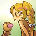  1girl arms_behind_back blush_stickers bow braid brown_eyes costume hair_ornament hairclip hitec horns moemon multicolored_hair orange_hair personification pokemon pokemon_(creature) pokemon_(game) pokemon_rgby spike tongue two-tone_hair two_tone_hair weedle 