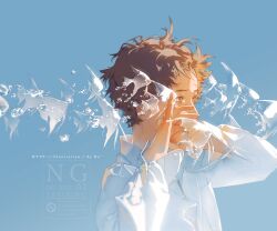  1boy abstract animal blue_background brown_eyes brown_hair fish hands_up highres original rido_(ridograph) shirt short_hair simple_background teardrop tears tropical_fish water watermark white_shirt 