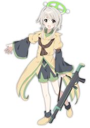  1other absurdres androgynous anime_coloring ascot assault_rifle bare_legs black_kimono black_outline black_shorts black_socks blue_archive boots brown_ascot brown_boots brown_coat coat coattails collared_coat commentary_request crosshair dot_nose faux_retro_artstyle full_body green_halo grey_eyes grey_hair gun halo happy highres holding holding_gun holding_weapon houlen_yabusame japanese_clothes jinbei_(clothes) kimono knees kurokoge_karubi lapels layered_sleeves len&#039;en light_blush long_sleeves looking_at_viewer notched_lapels open_mouth other_focus outline outstretched_arm parody puffy_short_sleeves puffy_sleeves rifle short_hair_with_long_locks short_kimono short_over_long_sleeves short_sleeves shorts sidelocks simple_background smile socks solo swept_bangs tachi-e tareme weapon white_background 