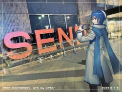 1boy after0217 artist_name black_pants blue_eyes blue_hair blue_scarf cellphone_photo commentary_request hashtag highres holding holding_phone jacket kaito kaito_(vocaloid) male_focus pants phone photo_background scarf second-party_source short_hair solo timestamp vocaloid white_jacket