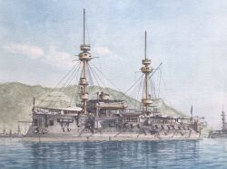  atelier_bono blue_sky cannon clouds commentary_request formidable_(1885_ironclad) french_flag french_navy highres ironclad mast military_vehicle no_humans ocean original painting_(medium) photo-referenced port scenery ship sky smokestack traditional_media vehicle_focus warship watercolor_(medium) watercraft 