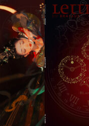  1girl ad black_hair blancpain blue_eyeshadow closed_eyes closed_mouth eyeshadow green_nails makeup mian_lang original red_lips solo watch 