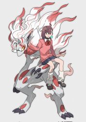  1boy 1girl animalization ayase_momo black_choker blue_skirt bow bowtie brown_eyes brown_hair choker closed_mouth collared_shirt crossed_bangs crossover dandadan earrings english_commentary facial_mark full_body glasses grey_background hair_between_eyes highres hisuian_zoroark jewelry kai_(huikuai2) kami_high_school_uniform long_hair loose_socks miniskirt pink_sweater pleated_skirt pokemon pokemon_(creature) red_bow red_bowtie round_eyewear school_uniform shirt short_hair sitting skirt smile socks sweater takakura_ken_(dandadan) takakura_ken_(transformed)_(dandadan) white_shirt white_socks 