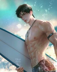  backlighting beach dawit3743 day highres love_and_deepspace ocean outdoors summer surfboard swimsuit wet zayne_(love_and_deepspace) 