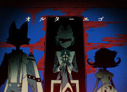  1girl 2boys :d alastor_(hazbin_hotel) animal_ears antlers apron arms_at_sides bandana bandana_around_neck blue_background blurry bob_cut bow bowtie cat_boy chair chromatic_aberration coat colored_tips commentary_request cowboy_shot crossed_legs deer_antlers deer_ears depth_of_field dress face_in_shadow feathered_wings feet_out_of_frame fewer_digits film_grain flipped_hair frilled_apron frills from_below furry furry_male glowing glowing_eye grin hands_on_own_knee hazbin_hotel hellaverse highres horns husk_(hazbin_hotel) lapels long_sleeves looking_at_viewer menma_(enaic31) monocle multicolored_hair multiple_boys niffty_(hazbin_hotel) notched_lapels on_chair open_door pants puffy_short_sleeves puffy_sleeves red_background red_eyes shaded_face sharp_teeth short_hair short_sleeves signature simple_background sitting smile standing suspenders swept_bangs teeth traditional_bowtie translation_request two-tone_background vignetting waist_apron wings wooden_chair 