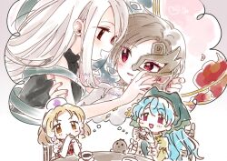  4girls apron arm_ribbon artist_name bare_shoulders biyon black_dress blonde_hair blue_hair blush breasts brown_eyes brown_hair brown_mask buttons chair closed_mouth commentary_request cup dress frills green_apron green_headscarf hair_between_eyes hair_ornament half-closed_eyes hand_up haniwa_(statue) haniyasushin_keiki headpiece headscarf holding holding_cup iwanaga_ariya long_hair long_sleeves looking_at_another looking_up mask mask_over_one_eye medium_breasts multicolored_hair multiple_girls nail_polish on_chair open_mouth own_hands_together pink_nails puffy_short_sleeves puffy_sleeves red_eyes red_vest ribbon ribbon_around_body shirt short_hair short_sleeves sidelocks simple_background sitting skeletal_wings sleeveless sleeveless_dress smile speech_bubble table tamatsukuri_misumaru tea thought_bubble touhou turtleneck turtleneck_dress two-tone_hair upper_body v-shaped_eyebrows vest violet_eyes white_background white_hair white_shirt wings yellow_dress yuiman_asama yuri 