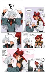  1boy 2girls asticassia_school_uniform baesong black_hairband black_pantyhose blue_eyes closed_eyes closed_mouth commentary_request eye_contact green_jacket grey_eyes grey_hair gundam gundam_suisei_no_majo hairband hands_on_another's_face highres holding_another's_wrist jacket korean_commentary korean_text long_hair looking_at_another miorine_rembran multiple_girls open_mouth pantyhose pinned ponytail red_hair school_uniform shorts sitting speech_bubble suletta_mercury tears translation_request white_jacket white_shorts yuri 