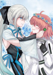  black_bow blue_eyes blush bow braid fate/grand_order fate_(series) fujimaru_ritsuka_(female) hair_between_eyes hair_bow half_up_braid highres long_hair mikasa_tati morgan_le_fay_(fate) morgan_le_fay_(first_ascension)_(fate) orange_hair ponytail short_hair smile very_long_hair white_hair 