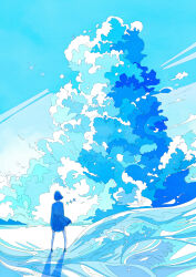  1girl abstract absurdres blue_theme bob_cut cloud_focus clouds commentary_request from_behind hato_(n_hat_mu) highres legs_apart ligne_claire long_sleeves monochrome original outdoors pleated_skirt scenery shadow shirt short_hair skirt standing thigh-highs 