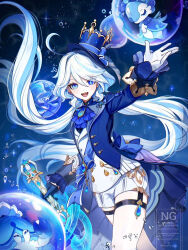  1girl 3others ahoge aqua_eyes aqua_hair black_gloves blue_eyes bubble drop-shaped_pupils furina_(genshin_impact) genshin_impact gentilhomme_usher gloves hair_between_eyes hair_ornament hat heterochromia holding holding_sword holding_weapon long_hair long_sleeves looking_at_viewer mademoiselle_crabaletta multiple_others open_mouth popopo_84 short_shorts shorts smile surintendante_chevalmarin sword symbol-shaped_pupils thigh_strap top_hat very_long_hair weapon white_gloves white_hair white_shorts 