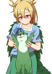  1girl animal antlers ayuyu_yuka03 blonde_hair blue_shirt blush closed_mouth commentary_request dragon_girl dragon_horns dragon_tail green_scales green_skirt green_tail highres holding holding_animal horns kicchou_yachie otter otter_spirit_(touhou) red_eyes shirt short_sleeves simple_background skirt smile solo spiked_shell tail touhou turtle_shell white_background yellow_horns 