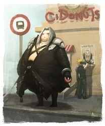  armor blonde_hair boots bus_stop cloud_strife coat comedy doughnut fat fat_man final_fantasy final_fantasy_vii final_fantasy_vii_advent_children gloves long_hair njoo poster poster_(object) sephiroth silver_hair sweatdrop sword udon udon_entertainment wanted wanted_poster weapon 