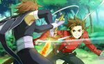  angry armpits battle brown_hair detached_sleeves fighting fingerless_gloves gloves kratos_aurion lloyd_irving male multiple_boys red_eyes shimabara suspenders sword tales_of_(series) tales_of_symphonia tree weapon 