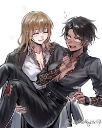  blush breasts carrying catherine_(project_moon) genderswap genderswap_(mtf) heathcliff_(project_moon) highres injury irezumi kurokumo_clan_(identity)_(project_moon) large_breasts limbus_company no_bra princess_carry project_moon tattoo tentsumugen white_background yuri 