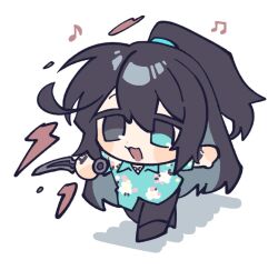  1boy ahoge aqua_eyes aqua_shirt black_eyes black_hair black_pants black_shoes dagger full_body half_updo heterochromia highres holding holding_dagger holding_knife holding_weapon hong_lu_(project_moon) knife limbus_company long_hair nantekottawo!! open_mouth pants project_moon shirt shoes short_sleeves smile solo tingtang_gang_(identity)_(project_moon) very_long_hair weapon 