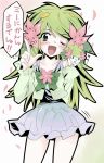  1girl bow costume endou_masatoshi flower green_eyes green_hair long_hair moemon personification petals pokemon pokemon_(creature) shaymin skirt standing translated translation_request wink 