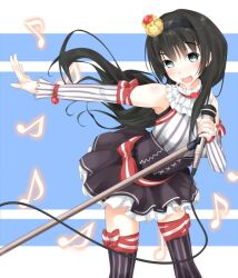  1girl :d arm_bow bare_shoulders bent_over black_hair black_hairband black_skirt blue_background blue_eyes blush bow breasts cable crown detached_sleeves fang feet_out_of_frame frilled_skirt frills hair_between_eyes hairband hand_up holding holding_microphone idol long_hair long_sleeves looking_at_viewer medium_breasts microphone microphone_stand mini_crown miniskirt musical_note open_mouth outstretched_arm pleated_skirt red_bow saten_ruiko shin_(highest1192) skin_fang skirt smile solo standing striped_clothes striped_sleeves striped_tank_top striped_thighhighs tank_top thigh-highs thigh_bow toaru_majutsu_no_index toaru_majutsu_no_index:_endymion_no_kiseki tongue vertical-striped_clothes vertical-striped_sleeves vertical-striped_tank_top vertical-striped_thighhighs waist_bow white_sleeves zettai_ryouiki 