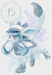  :3 animal_focus baya_(sakura_mint) blue_eyes blue_fur blue_neckerchief blue_sclera blush closed_mouth clothed_pokemon colored_sclera full_body glaceon hat highres neckerchief no_humans pokemon pokemon_(creature) pokemon_focus sailor_collar sailor_hat smile solo tail white_sailor_collar 