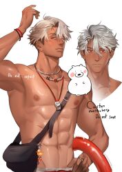  1boy abs arm_up armpits bracelet character_request closed_mouth collarbone copyright_request dark-skinned_male dark_skin ear_piercing english_commentary hand_on_own_hip highres jewelry male_focus multiple_necklaces navel necklace nipples nom_strobery pectorals piercing red_eyes ring short_hair simple_background solo topless_male white_background white_hair 