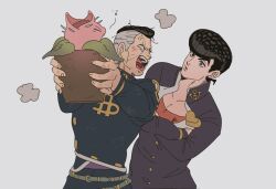  2boys anchor_symbol anger_vein belt belt_buckle black_hair black_jacket blush brooch buckle cat closed_eyes collarbone collared_jacket commentary_request cowboy_shot diamond_wa_kudakenai dollar_sign eyelashes fang fingernails flower gakuran grey_background grey_hair heart higashikata_josuke highres holding holding_plant jacket jewelry jojo_no_kimyou_na_bouken leaf leaning_to_the_side long_sleeves looking_at_another male_focus multicolored_hair multiple_belts multiple_boys nijimura_okuyasu open_mouth outstretched_arms peace_symbol pink_flower plant pompadour popped_collar potted_plant red_shirt school_uniform shirt simple_background squeans stand_(jojo) stray_cat_(jojo) teeth thick_eyebrows tirauraja tongue two-tone_hair upper_teeth_only yawning 