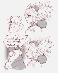  1boy 1girl absurdres animal_ears bear_boy bear_ears ben_bigger ch0comeat closed_eyes closed_mouth english_commentary english_text eyepatch furry furry_male highres i&#039;m_not_calling_you_&quot;good_boy&quot;_(meme) koleda_belobog looking_at_another looking_to_the_side looking_up meme monochrome notched_ear open_mouth scar scar_across_eye scar_on_face sparkle speech_bubble sweatdrop twintails zenless_zone_zero 