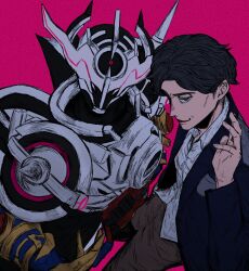  2boys alien armor black_hair bodysuit brown_hair closed_mouth collared_shirt evol_blackhole evol_driver evol_trigger evolto full_armor fullbottle gloves glowing gold_armor hand_up helmet highres isurugi_souichi jacket kamen_rider kamen_rider_build_(series) kamen_rider_evol long_sleeves looking_at_viewer male_focus multiple_boys pants red_eyes rider_belt science_fiction shirt short_hair shoulder_armor shoulder_spikes smile spikes tantotete904 tokusatsu upper_body white_armor 