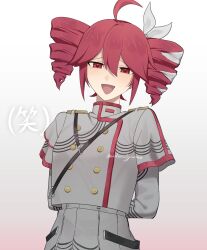  1girl ahoge arms_behind_back bow buttons double-breasted drill_hair gradient_background grey_jacket grey_skirt hair_between_eyes hair_bow hair_ribbon highres jacket kasane_teto kasane_teto_(sv) laughing light_blush long_sleeves looking_at_viewer open_mouth pleated_skirt red_eyes red_hair ribbon shoulder_belt simple_background skirt solo synthesizer_v twin_drills twintails twitter_username udon_jyomae utau white_bow white_ribbon 