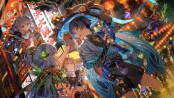  2boys 2girls :t absurdres aether_(genshin_impact) ahoge anachronism animal_print architecture arm_at_side arm_up armlet armor bell billboard bird_print black_bodysuit black_bow black_bridal_gauntlets black_cape black_eyes black_gloves black_shirt black_shorts blonde_hair blue_cape blue_gemstone blue_hat blue_kimono blue_sleeves bodysuit bow bowl bracelet bridal_gauntlets bright_pupils cape chili_pepper city closed_mouth clouds cloudy_sky colored_tips contemporary covered_collarbone crop_top detached_sleeves dress east_asian_architecture eating eyelashes eyeliner eyeshadow feathers festival fingernails flying food food_on_face food_wrapper fried_rice furisode gem genshin_impact gloves glowing glowing_hair glowing_leaves gold gold_belt gold_halo gold_trim green_cape green_eyes green_gemstone green_hair green_sleeves guest_art guoba_(genshin_impact) hair_ornament hakama hakama_shorts half_crown_braid halo hand_up hat height_difference highres hilichurl_(genshin_impact) holding holding_bowl holding_food holding_skewer japanese_armor japanese_clothes jewelry jingasa juban kimono kote kurokote kyuuba_melo lantern layered_sleeves leaf leaf_hair_ornament long_hair long_sleeves looking_at_another makeup mandarin_collar mask mechanical_halo midriff multicolored_hair multiple_boys multiple_girls nahida_(genshin_impact) navel night night_sky oculus_(genshin_impact) open_clothes open_hand open_kimono open_mouth outdoors paimon_(genshin_impact) paper_lantern pleated_shorts pointy_ears pom_pom_(clothes) purple_rope purple_sash red_eyeliner red_eyeshadow romper rope sash scaramouche_(genshin_impact) scarf sharing_food shirt short_hair short_hair_with_long_locks short_sleeves shorts side_ponytail sidelocks skewer sky slime_(genshin_impact) streaked_hair tassel teeth tree tsurime upper_teeth_only vambraces walking wanderer_(genshin_impact) white_dress white_hair white_kimono white_pupils white_romper white_scarf white_sleeves white_trim wok yellow_eyes yellow_feathers yellow_pupils 