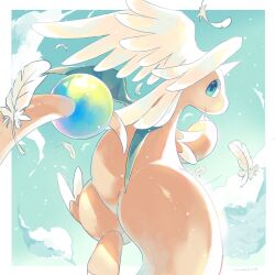 claws closed_mouth clouds colored_skin dragon dragonite feathered_wings feathers flying green_eyes head_wings highres horns leg_wings looking_at_viewer looking_back mega_dragonite mega_pokemon merino_(merino_9999) no_humans orange_skin pokemon pokemon_(creature) pokemon_focus pokemon_legends:_z-a single_horn sky smile solo tail wings