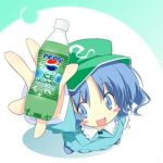  blush_stickers foreshortening from_above hands hat kawashiro_nitori lowres pepsi pepsi_ice_cucumber product_placement smile soda touhou 